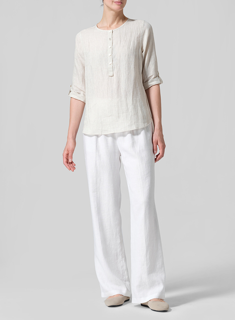 Linen Round Neck Half Button Mid-Length Top