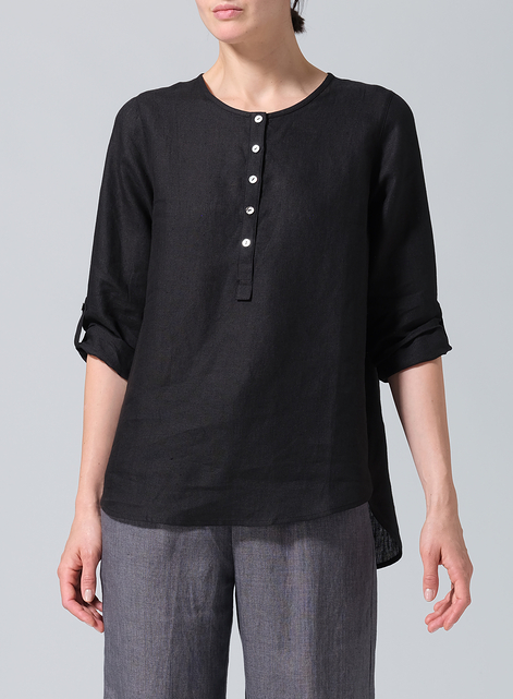 Linen Round Neck Half Button Mid-Length Top