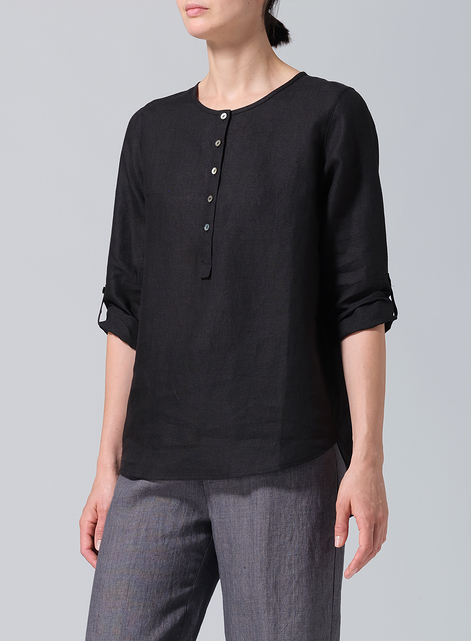 Linen Round Neck Half Button Mid-Length Top