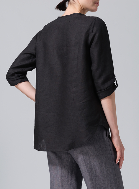 Linen Round Neck Half Button Mid-Length Top
