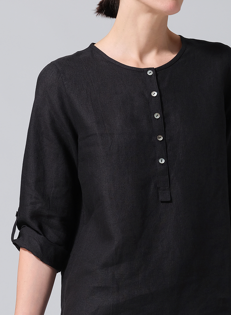 Linen Round Neck Half Button Mid-Length Top