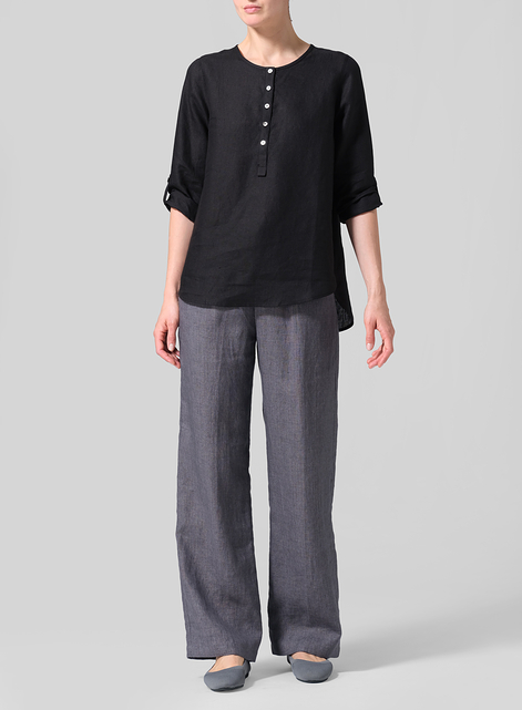 Linen Round Neck Half Button Mid-Length Top