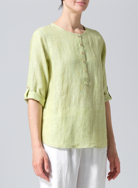 Linen Round Neck Half Button Mid-Length Top