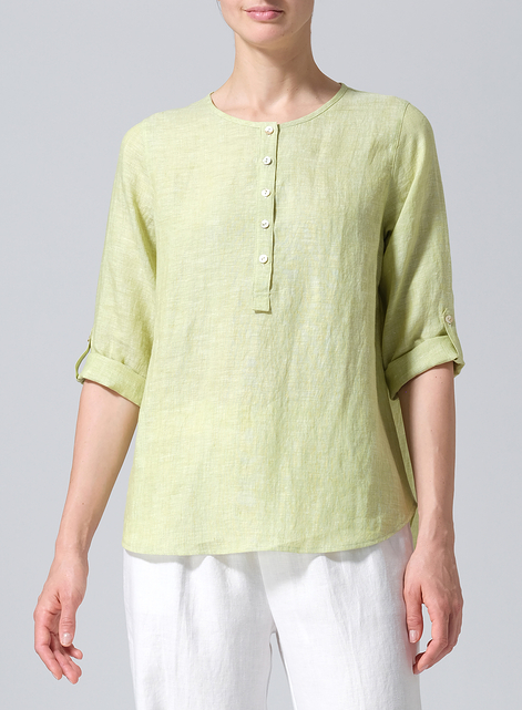 Linen Round Neck Half Button Mid-Length Top