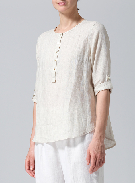 Linen Round Neck Half Button Mid-Length Top