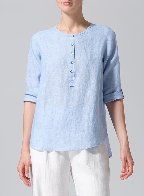 Linen Round Neck Half Button Mid-Length Top