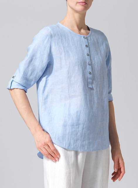 Linen Round Neck Half Button Mid-Length Top
