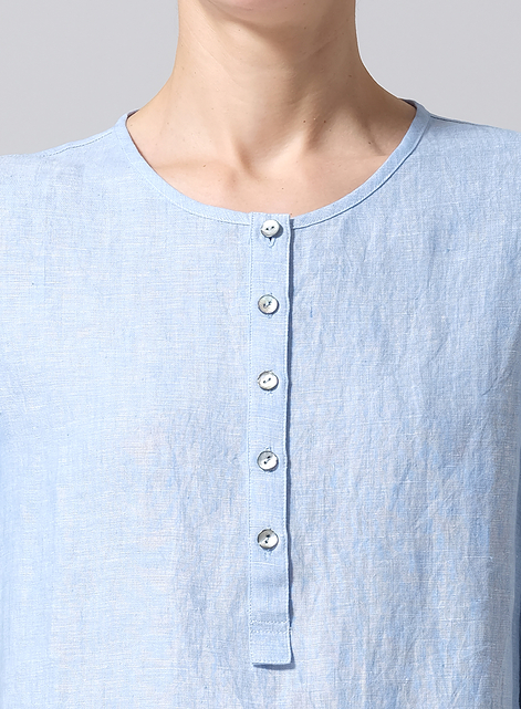 Linen Round Neck Half Button Mid-Length Top