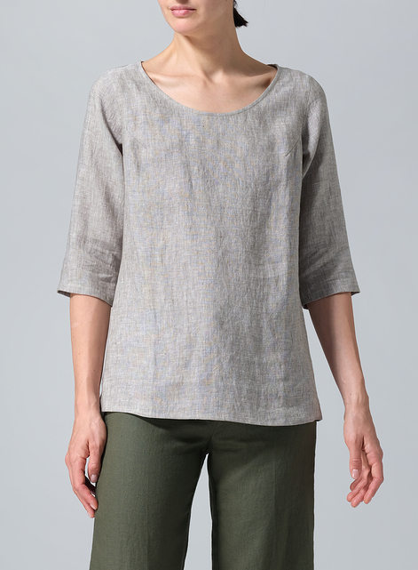 Linen Elbow Sleeve Casual Mid-Length Top