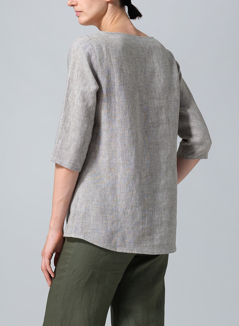 Linen Elbow Sleeve Casual Mid-Length Top