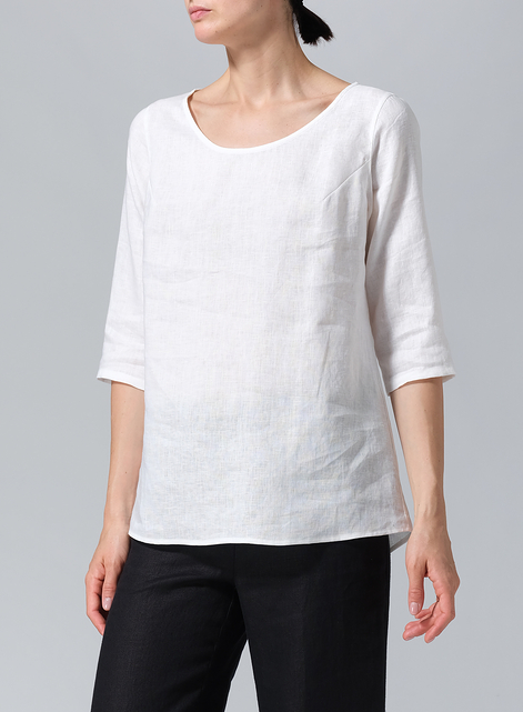 Linen Elbow Sleeve Casual Mid-Length Top