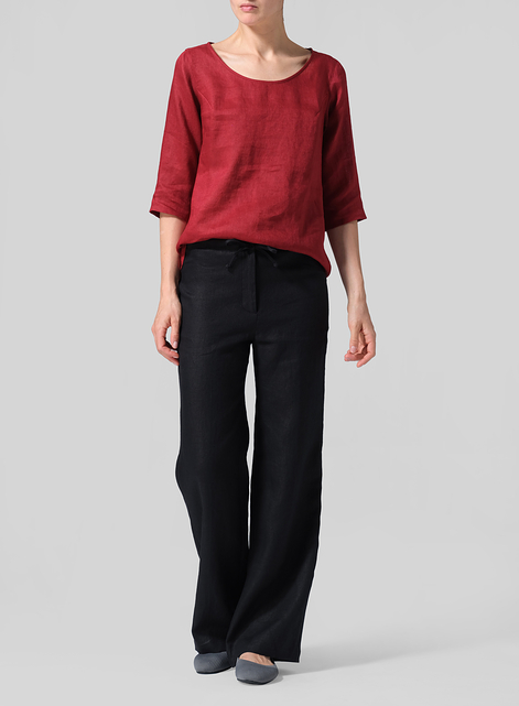 Linen Elbow Sleeve Casual Mid-Length Top