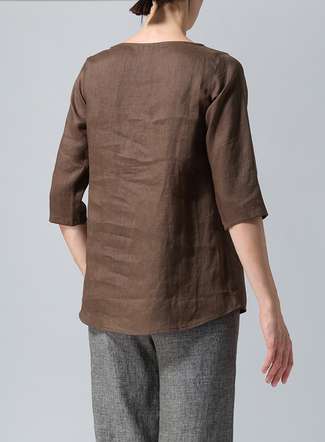 Linen Elbow Sleeve Casual Mid-Length Top