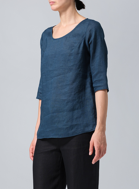 Linen Elbow Sleeve Casual Mid-Length Top