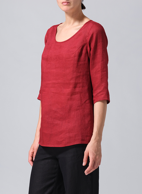 Linen Elbow Sleeve Casual Mid-Length Top