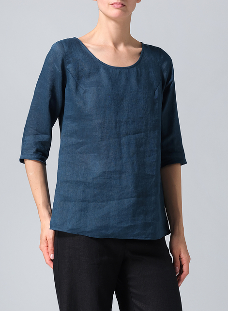 Linen Elbow Sleeve Casual Mid-Length Top