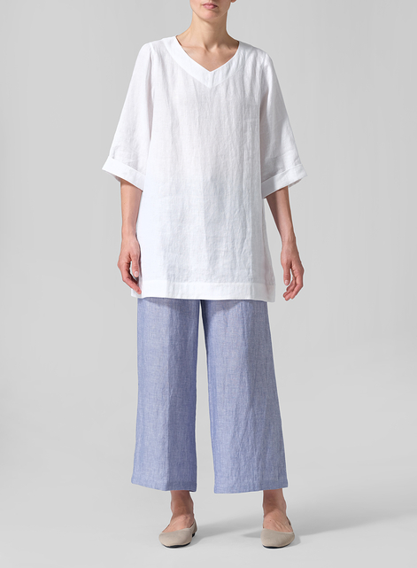 Linen Casual Loose-Fit V-Neck Midi Top