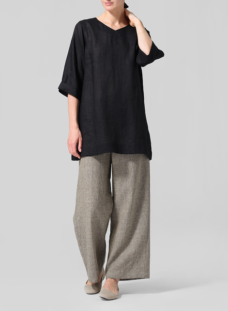 Linen Casual Loose-Fit V-Neck Midi Top