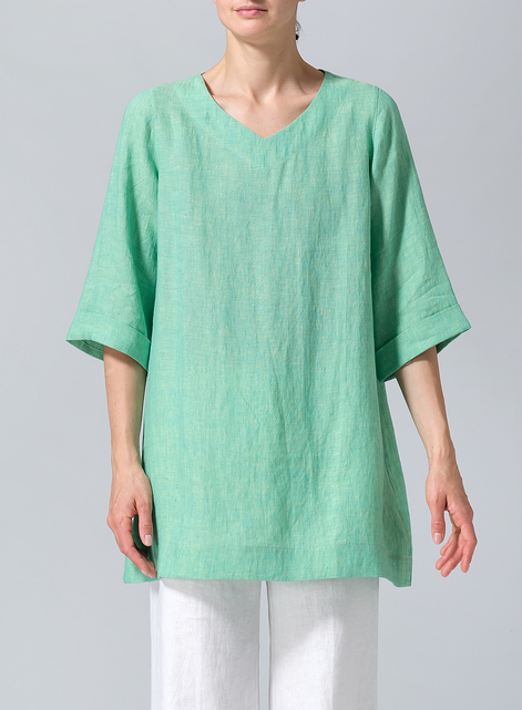 Linen Casual Loose-Fit V-Neck Midi Top