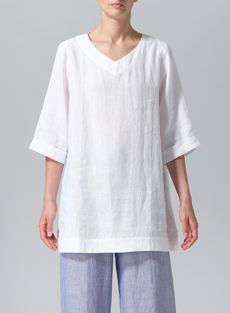 Linen Casual Loose-Fit V-Neck Midi Top