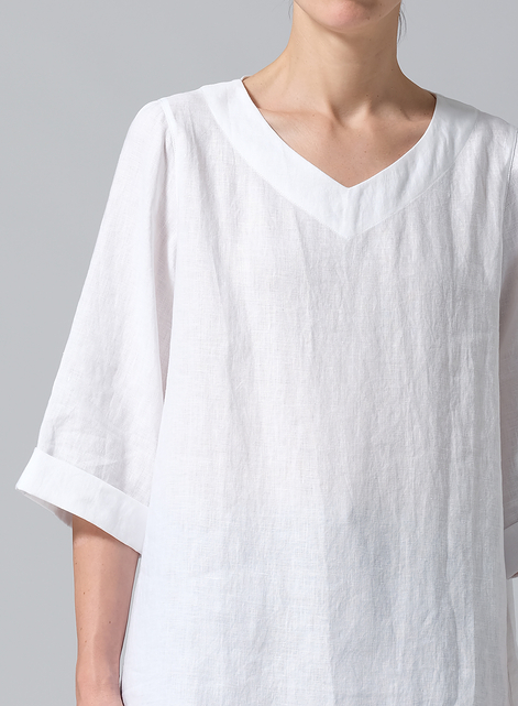 Linen Casual Loose-Fit V-Neck Midi Top