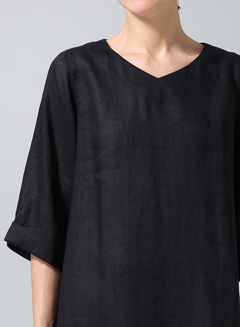 Linen Casual Loose-Fit V-Neck Midi Top