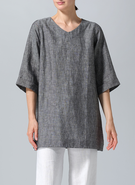 Linen Casual Loose-Fit V-Neck Midi Top