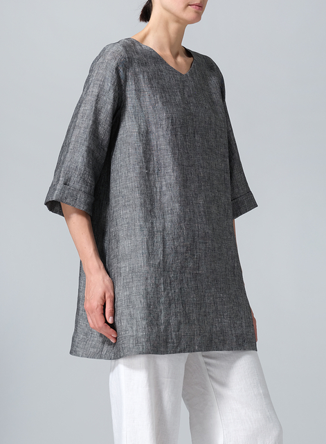 Linen Casual Loose-Fit V-Neck Midi Top