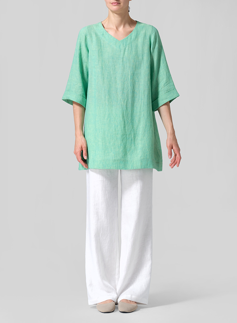 Linen Casual Loose-Fit V-Neck Midi Top