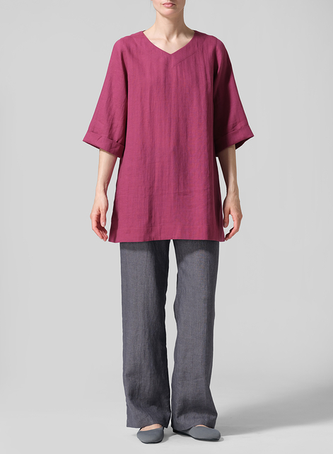 Linen Casual Loose-Fit V-Neck Midi Top