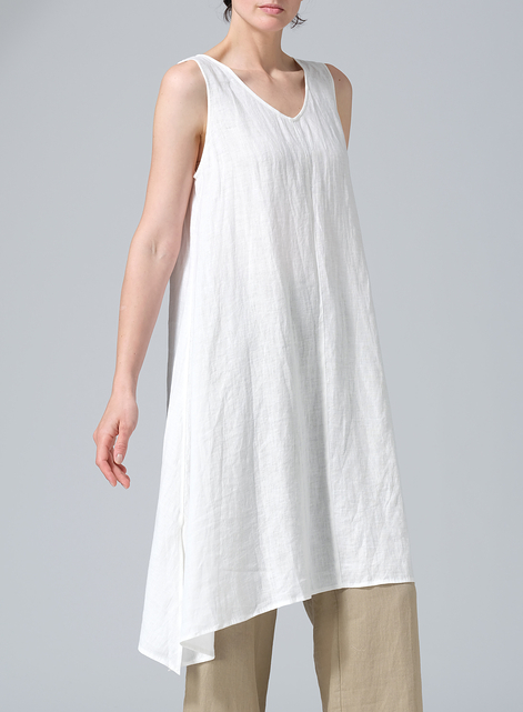 Linen Sleeveless Crumple Effect Long Blouse