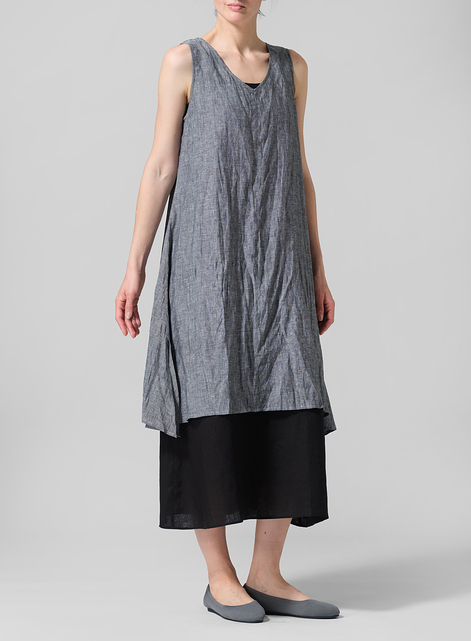 Linen Sleeveless Crumple Effect Long Blouse