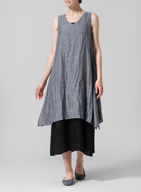 Linen Sleeveless Crumple Effect Long Blouse