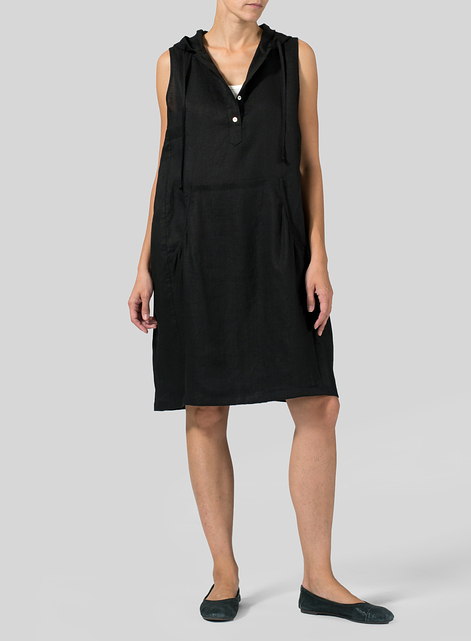 Linen Sleeveless Hoodie Long Tunic