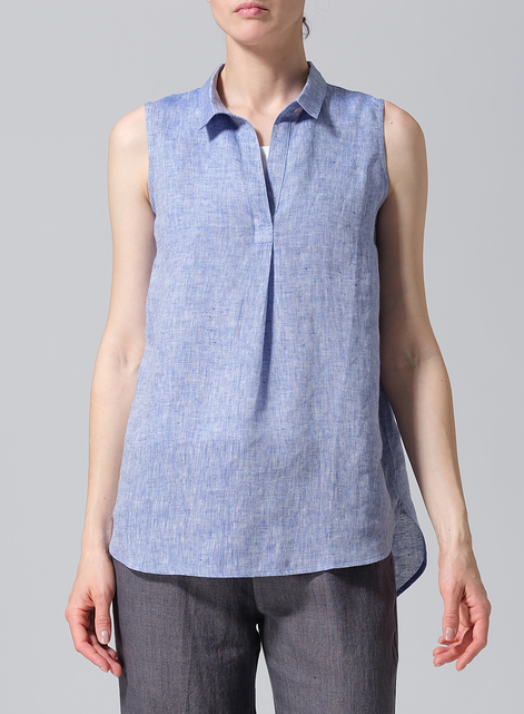 Linen Sleeveless Collar Shirt Top