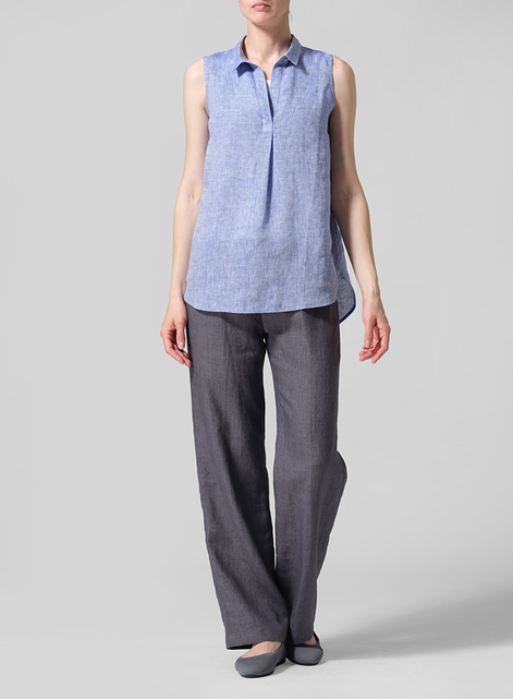 Linen Sleeveless Collar Shirt Top
