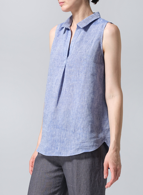 Linen Sleeveless Collar Shirt Top
