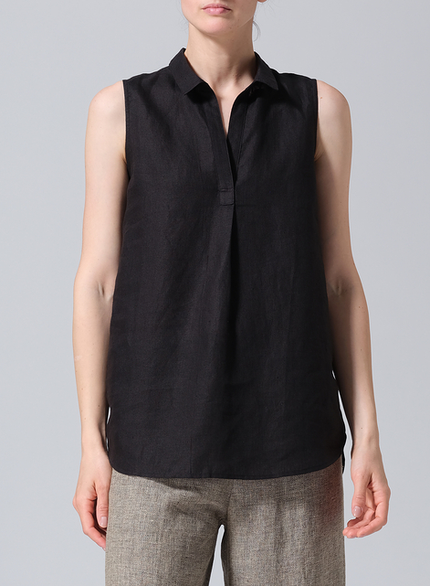 Linen Sleeveless Collar Shirt Top