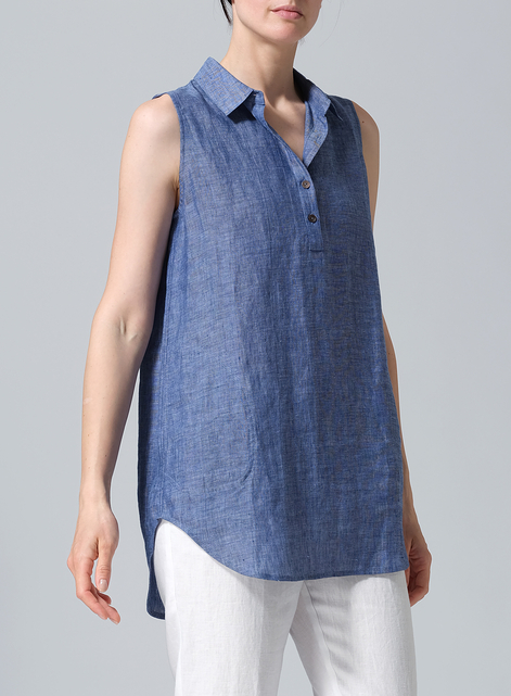 Linen Sleek Sleeveless Lapel Shirt Top