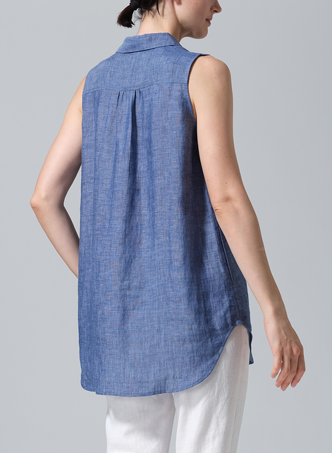 Linen Sleek Sleeveless Lapel Shirt Top