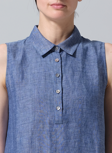Linen Sleek Sleeveless Lapel Shirt Top