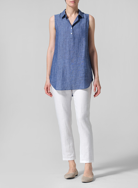 Linen Sleek Sleeveless Lapel Shirt Top