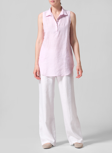 Linen Sleek Sleeveless Lapel Shirt Top