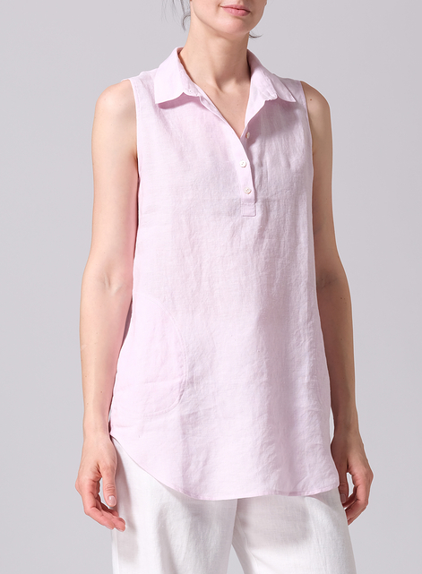 Linen Sleek Sleeveless Lapel Shirt Top