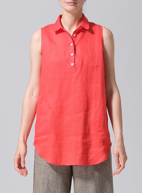 Linen Sleek Sleeveless Lapel Shirt Top