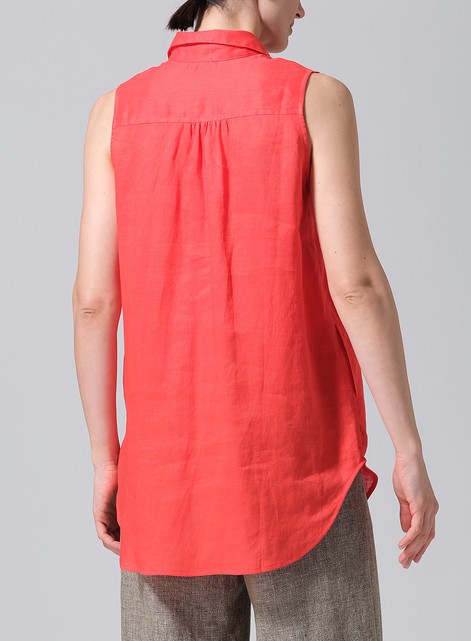 Linen Sleek Sleeveless Lapel Shirt Top