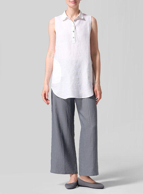 Linen Sleek Sleeveless Lapel Shirt Top