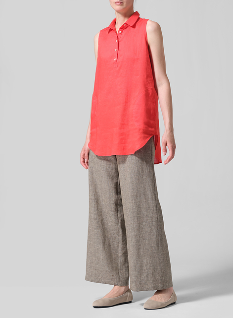 Linen Sleek Sleeveless Lapel Shirt Top